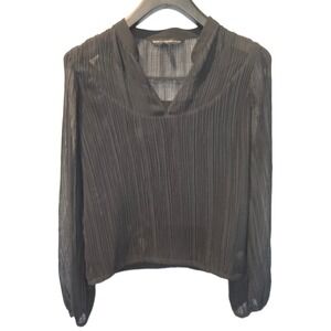 White House Black Market Black Pleated Chiffon V-Neck Blouse Small Long Sleeve